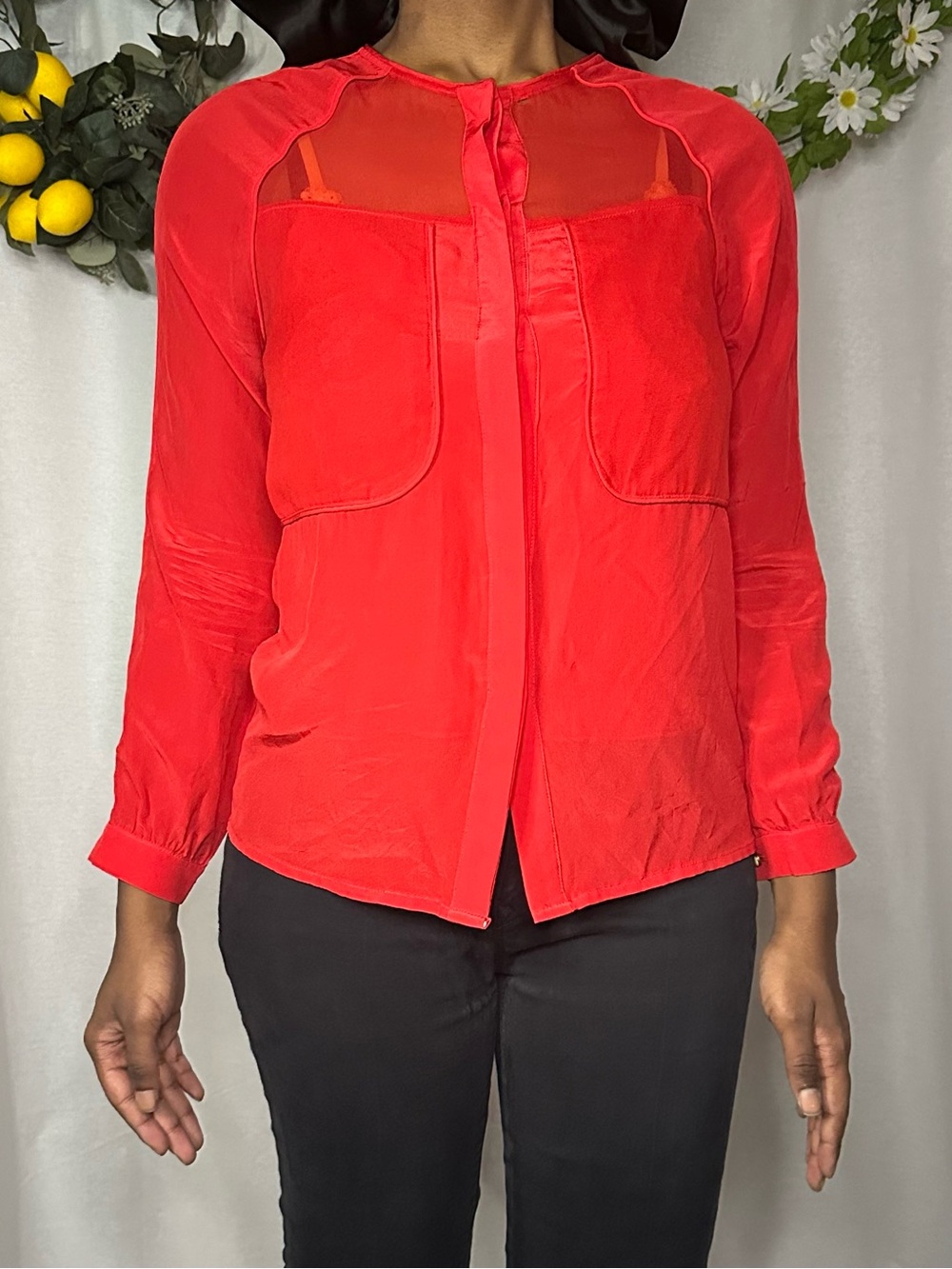 Aryn K red button-up women’s silk blouse